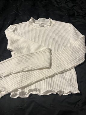 White Ribbed Ruffle Edge Sweater